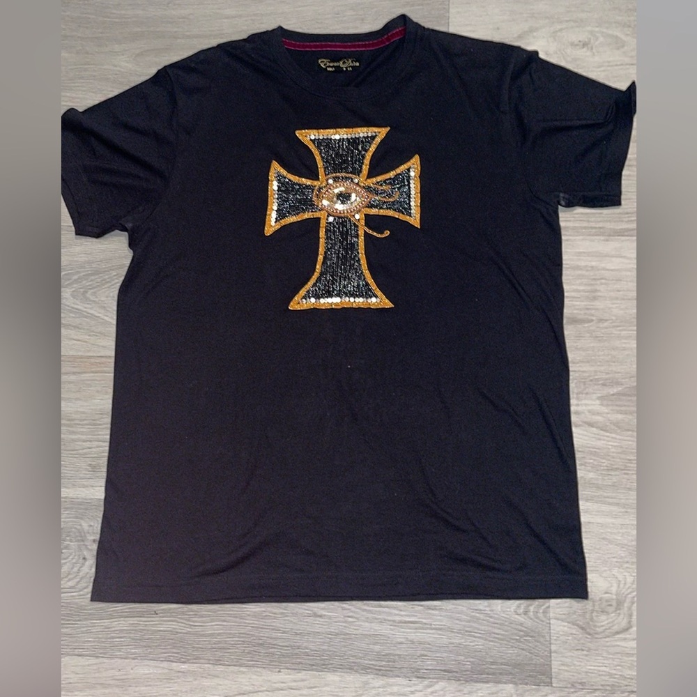 Edward Dada Vintage Women’s Black T-Shirt Embellished Cross with eye, Large